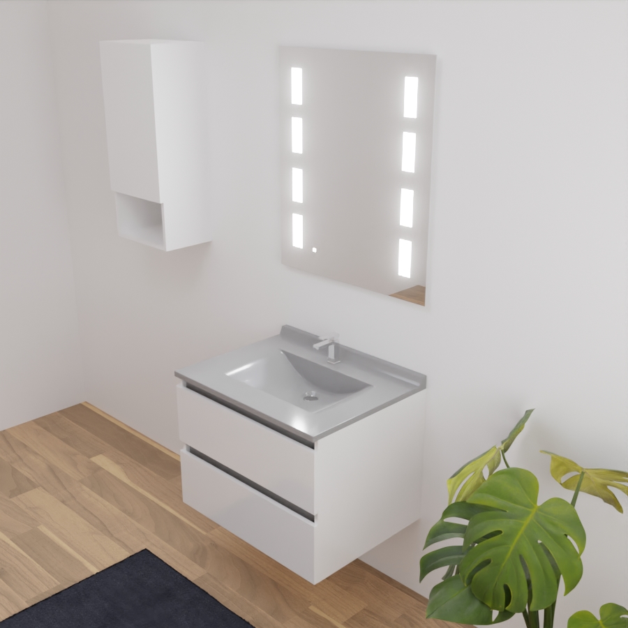  Ensemble meuble salle de bain 70 cm ARLEQUIN blanc et gris avec plan vasque gris avec miroir LED Prestige