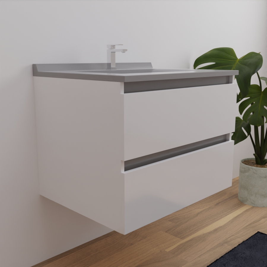 Ensemble meuble salle de bain 70 cm ARLEQUIN blanc avec traverses grises et plan vasque gris