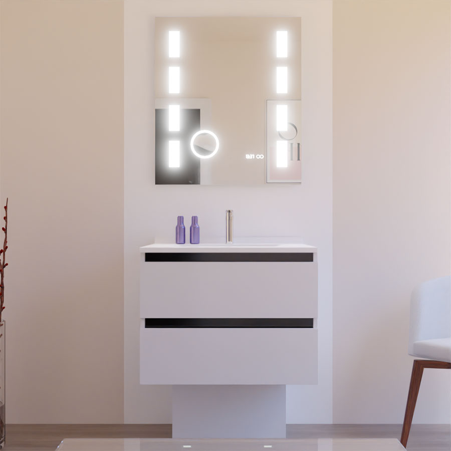 Ensemble meuble salle de bain 70 cm ARLEQUIN blanc et noir avec plan vasque blanc avec miroir retro éclairé Excellence 