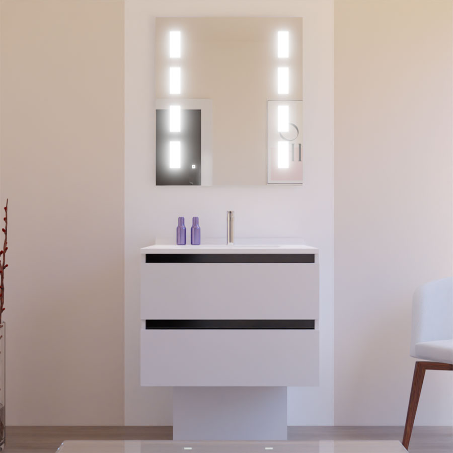 Ensemble meuble salle de bain 70 cm ARLEQUIN blanc et noir avec plan vasque blanc avec miroir retro éclairé  Prestige