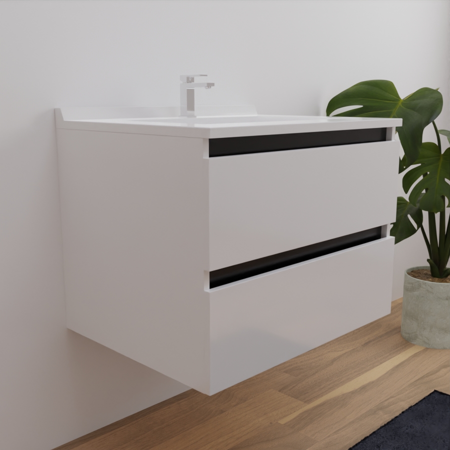 Ensemble meuble salle de bain 70 cm ARLEQUIN blanc avec traverses noires et plan vasque blanc vue de coté