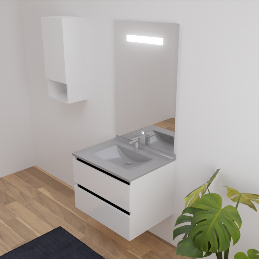 Ensemble meuble salle de bain 70 cm ARLEQUIN blanc et noir avec plan vasque gris avec miroir LED Elegance grande hauteur