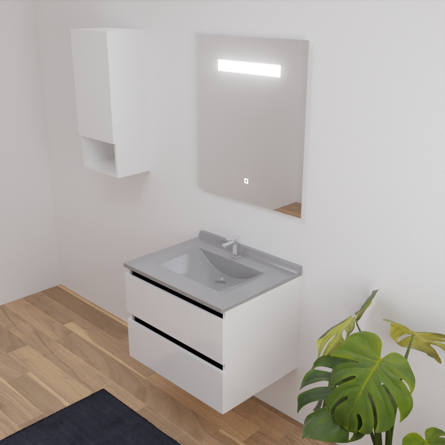 Ensemble meuble salle de bain 70 cm ARLEQUIN blanc et noir avec plan vasque gris avec miroir LED Elegance