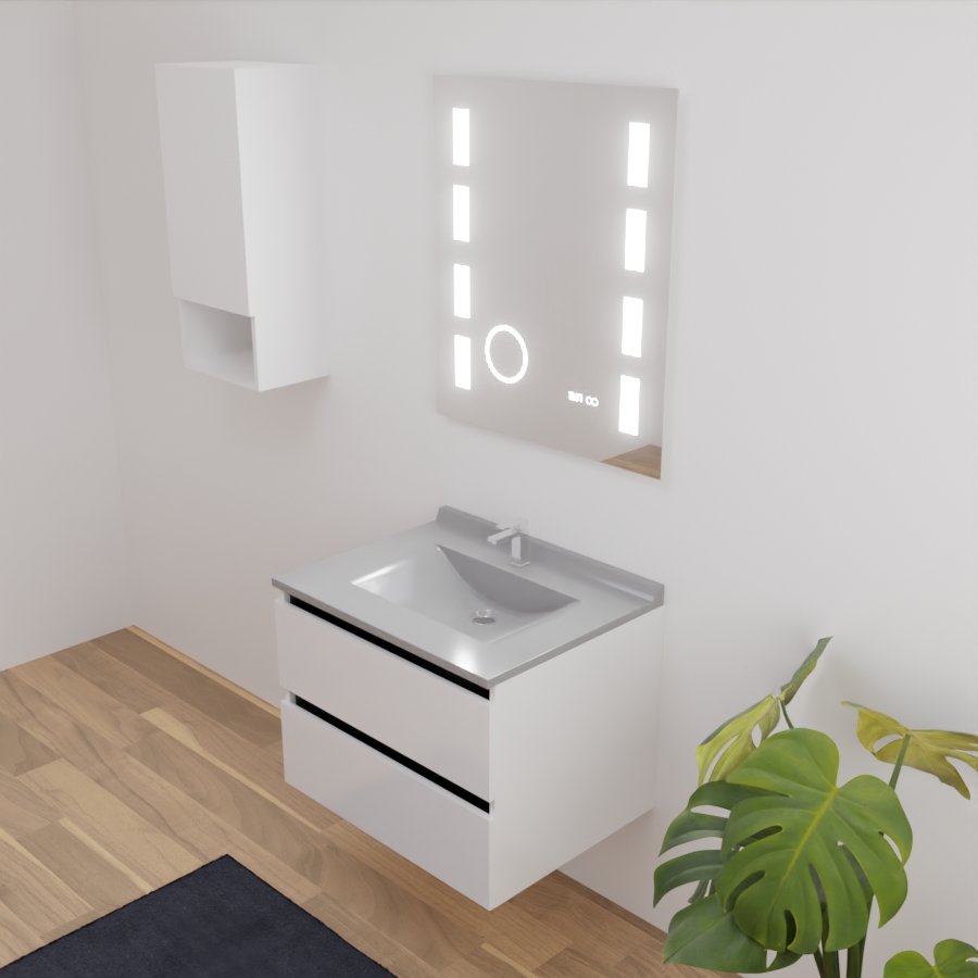 Ensemble meuble salle de bain 70 cm ARLEQUIN blanc et noir avec plan vasque gris avec miroir LED Excellence