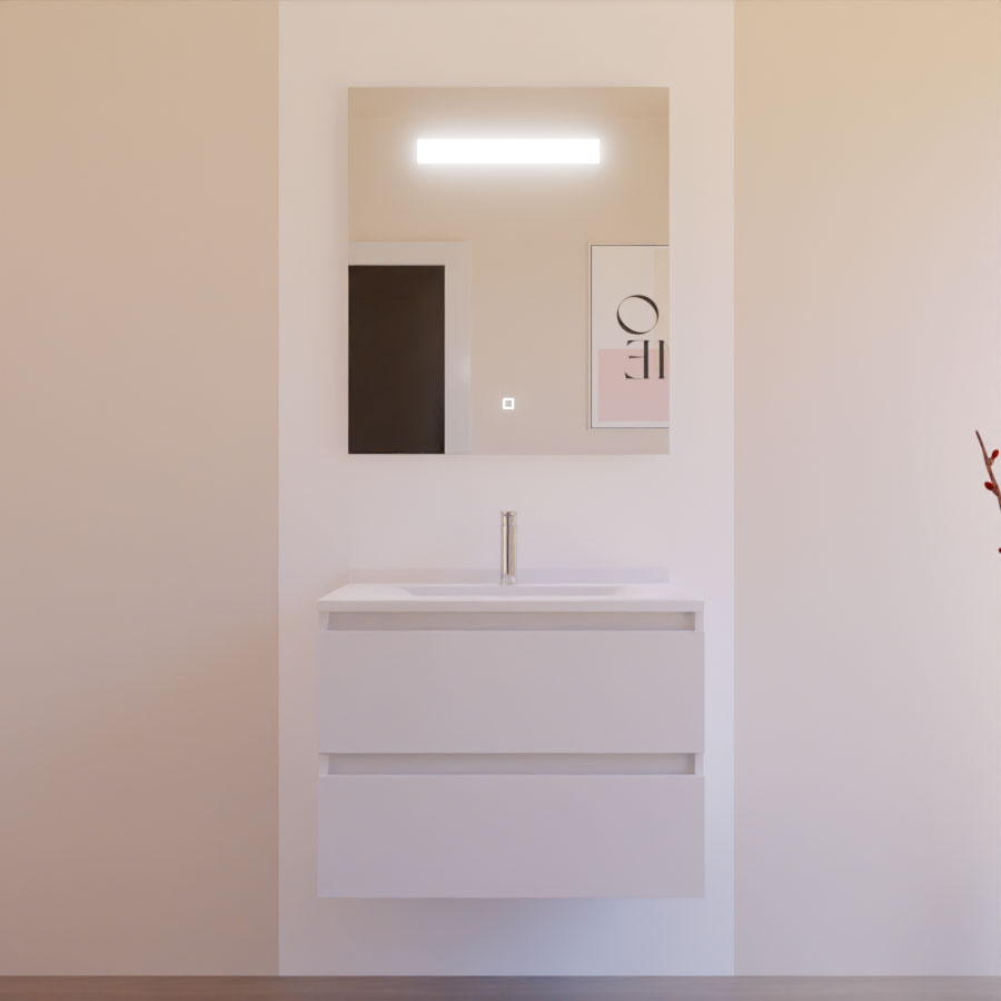  Ensemble meuble salle de bain 70 cm ARLEQUIN blanc avec plan vasque blanc avec miroir LED Elegance 