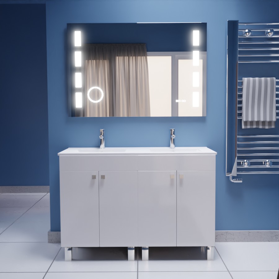 Ensemble ECOLINE meuble avec plan double vasque 120 cm et miroir retro éclairé Excellence