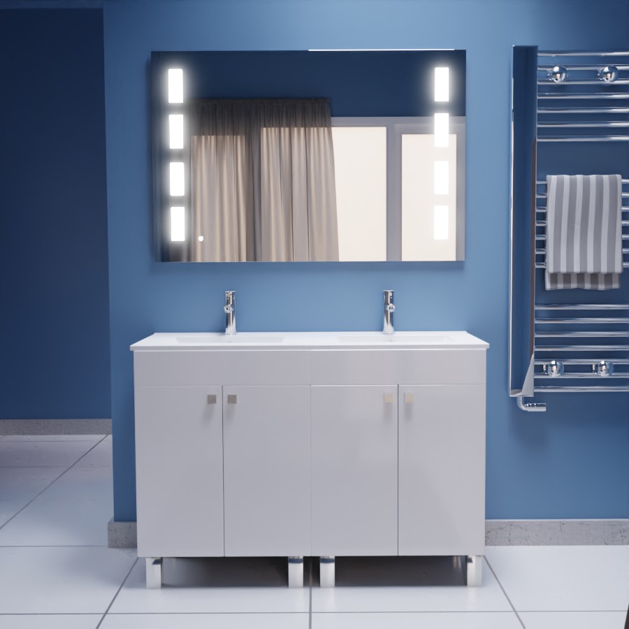 Ensemble ECOLINE meuble avec plan double vasque 120 cm et miroir retro éclairé Prestige 