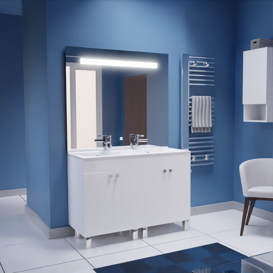Ensemble ECOLINE meuble de salle de bain sur pieds 140 cm avec plan double vasque et miroir retro éclairé élégance 1140 cm x 105 cm de hauteur
