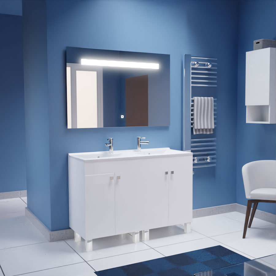 nsemble ECOLINE meuble de salle de bain sur pieds 140 cm avec plan double vasque et miroir retro éclairé Elegance