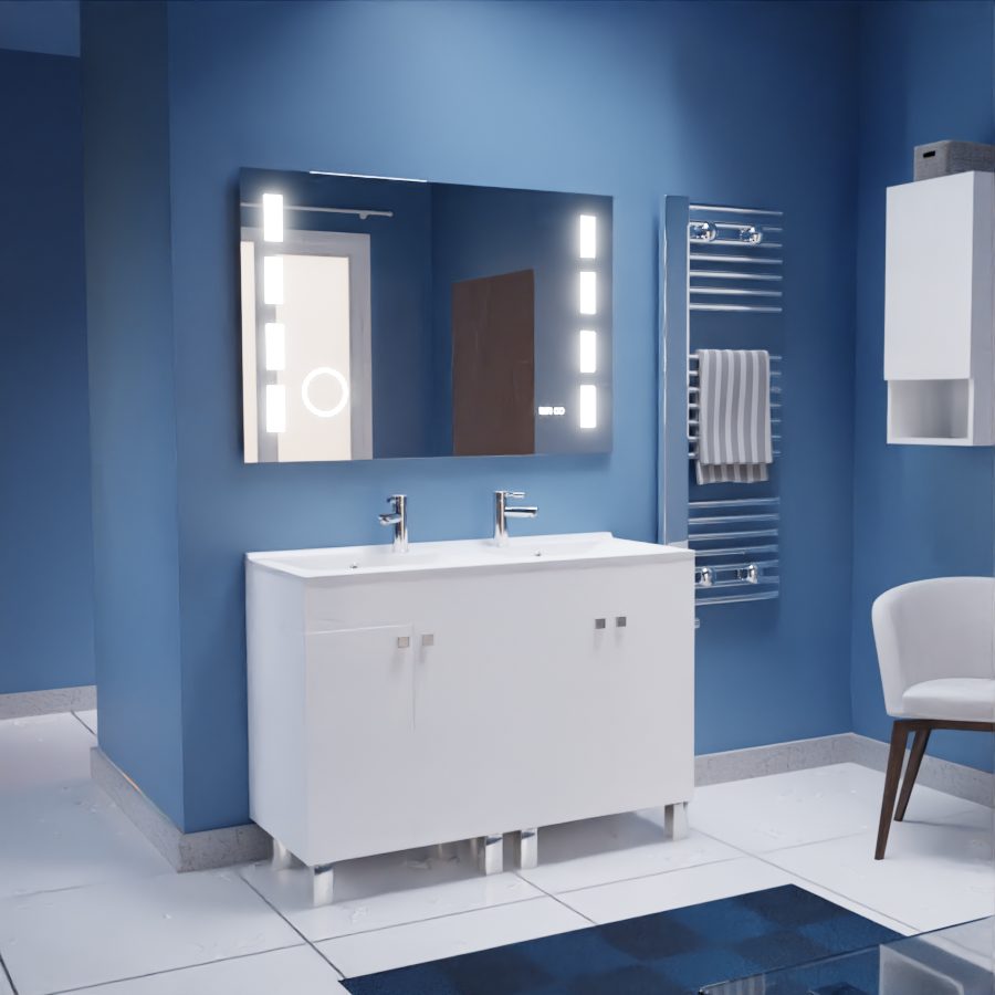 Ensemble ECOLINE meuble de salle de bain sur pieds 140 cm avec plan double vasque et miroir retro éclairé prestige