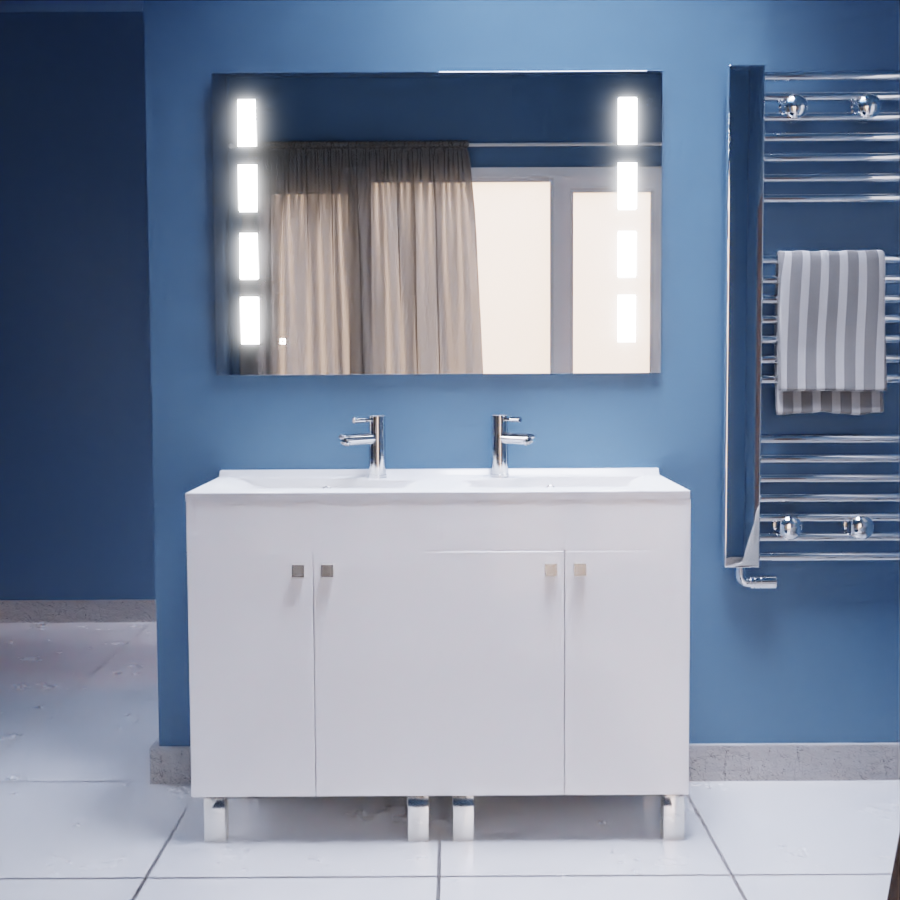 Ensemble ECOLINE meuble avec plan double vasque 120 cm et miroir retro éclairé Prestige 