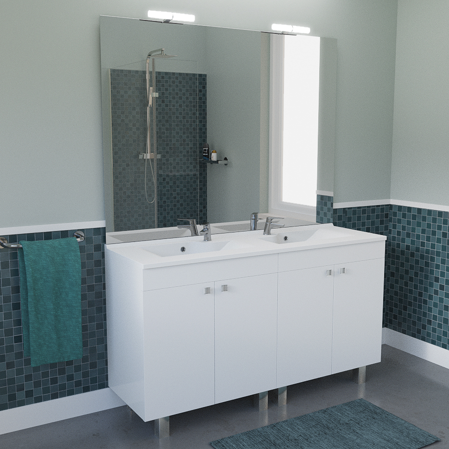 Ensemble ECOLINE meuble de salle de bain sur pieds 140 cm avec plan double vasque et miroir avec appliques lumineuses