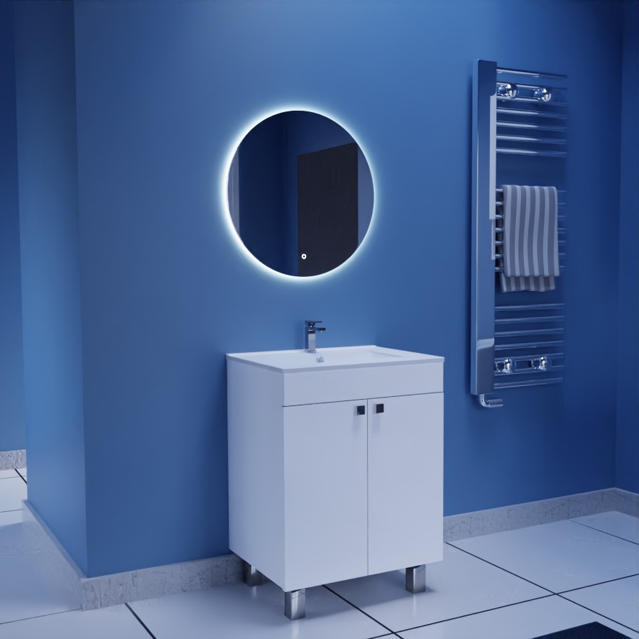 Ensemble meuble salle de bain ECOLINE 60 cm avec plan vasque en céramique et miroir LED rond 60 cm Fazzio