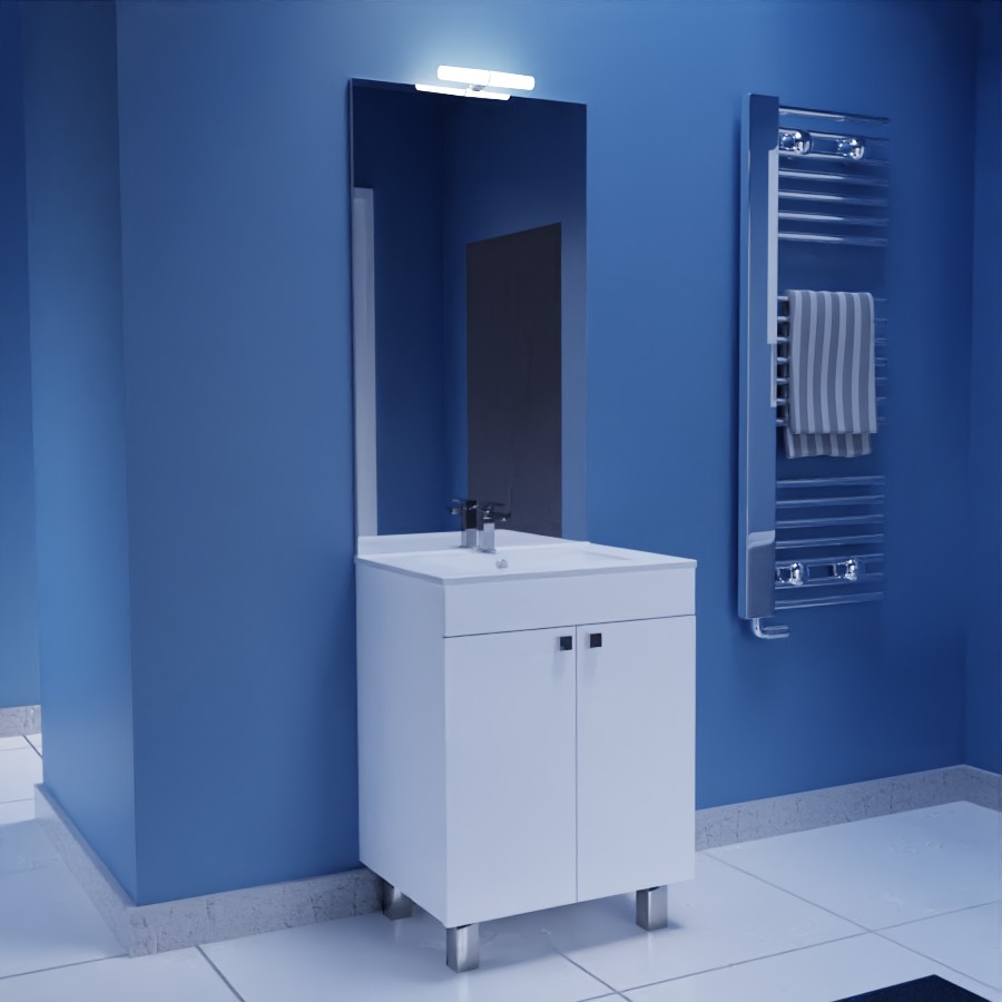 Ensemble meuble salle de bain ECOLINE 60 cm avec plan vasque en céramique et miroir et applique LED 