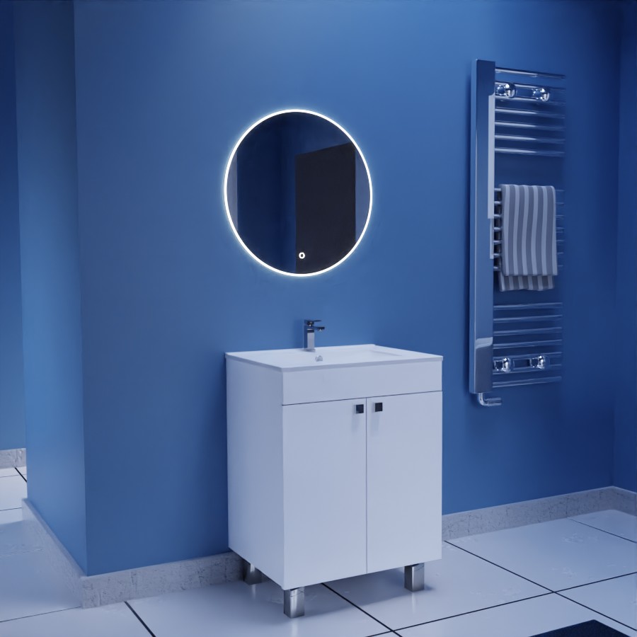 Ensemble meuble salle de bain ECOLINE 60 cm avec plan vasque en céramique et miroir LED rond 60 cm Onde