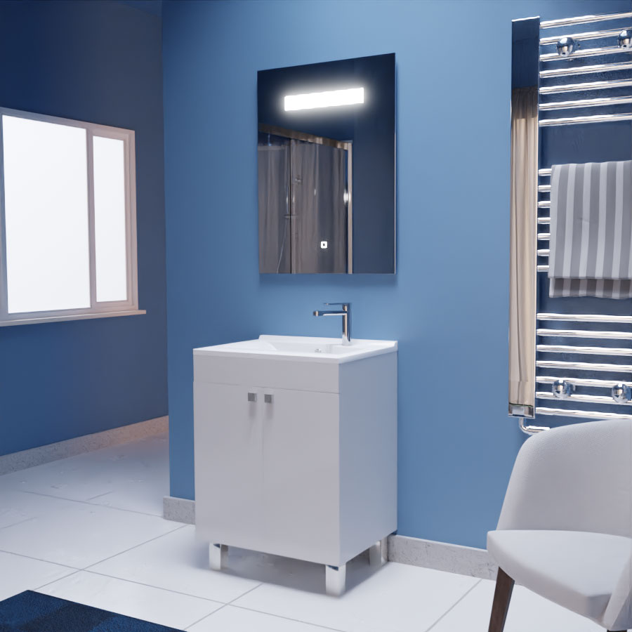 Ensemble meuble salle de bain ECOLINE 60 cm avec plan vasque en résine et miroir elegance 60 x 80 cm