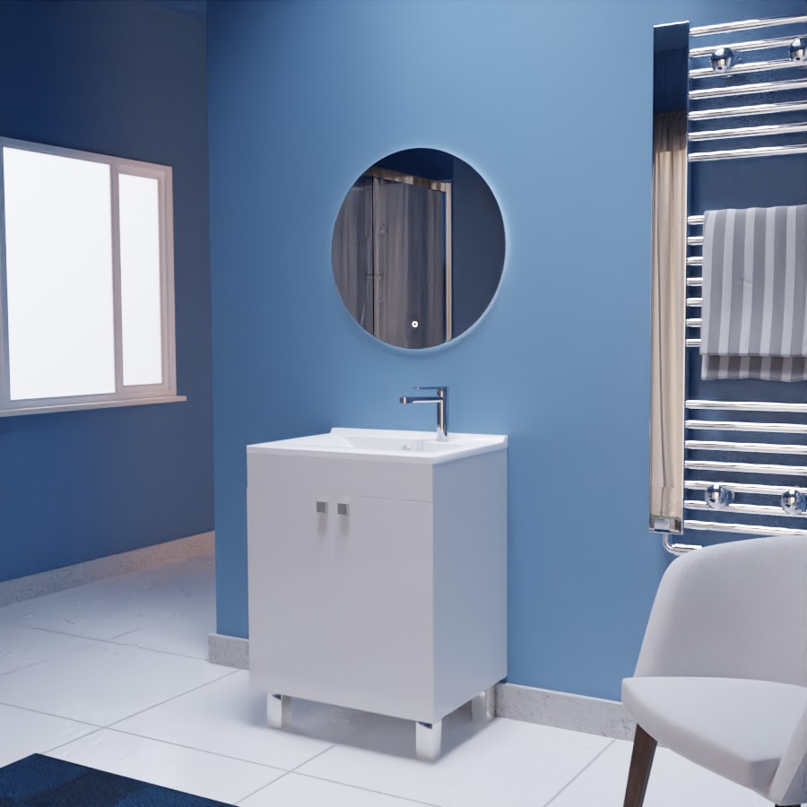Ensemble meuble salle de bain ECOLINE 60 cm avec plan vasque en résine et miroir LED rond 60 cm Fazzio