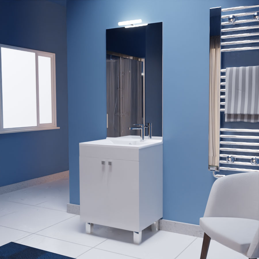 Ensemble meuble salle de bain ECOLINE 60 cm avec plan vasque en résine et miroir et applique LED 