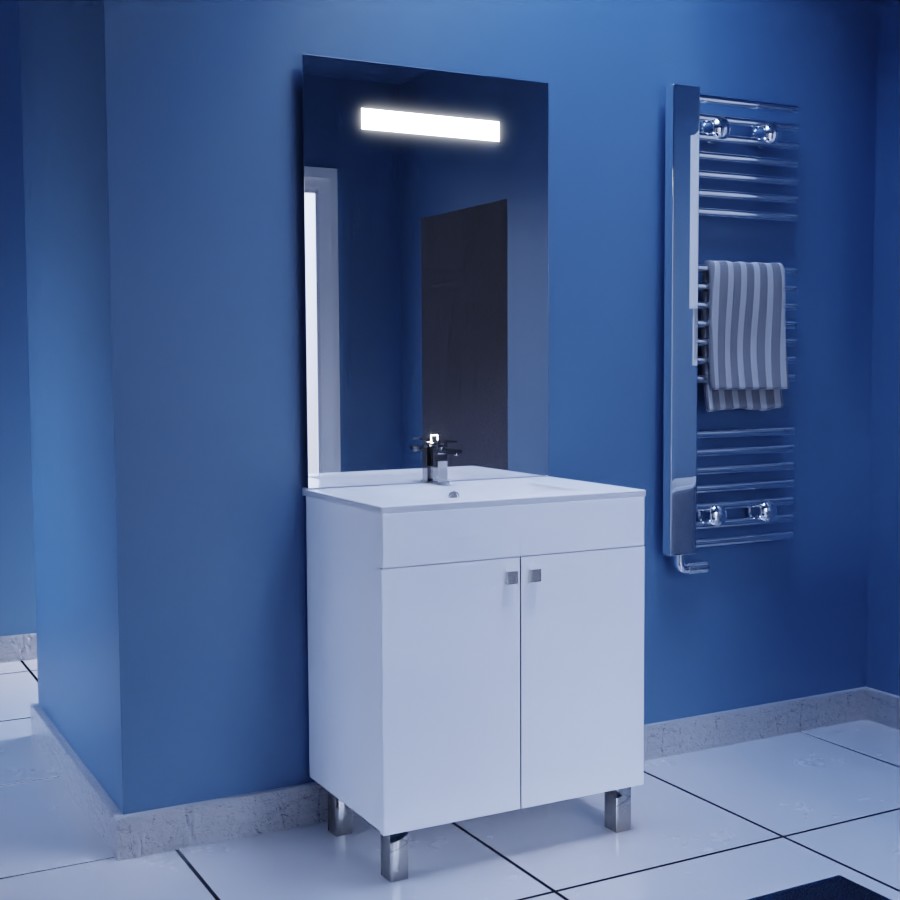 Ensemble meuble salle de bain 70 cm blanc sur pieds ECOLINE avec plan vasque en céramique et miroir LED Elégance 70 cm x 105 cm de hauteur 
