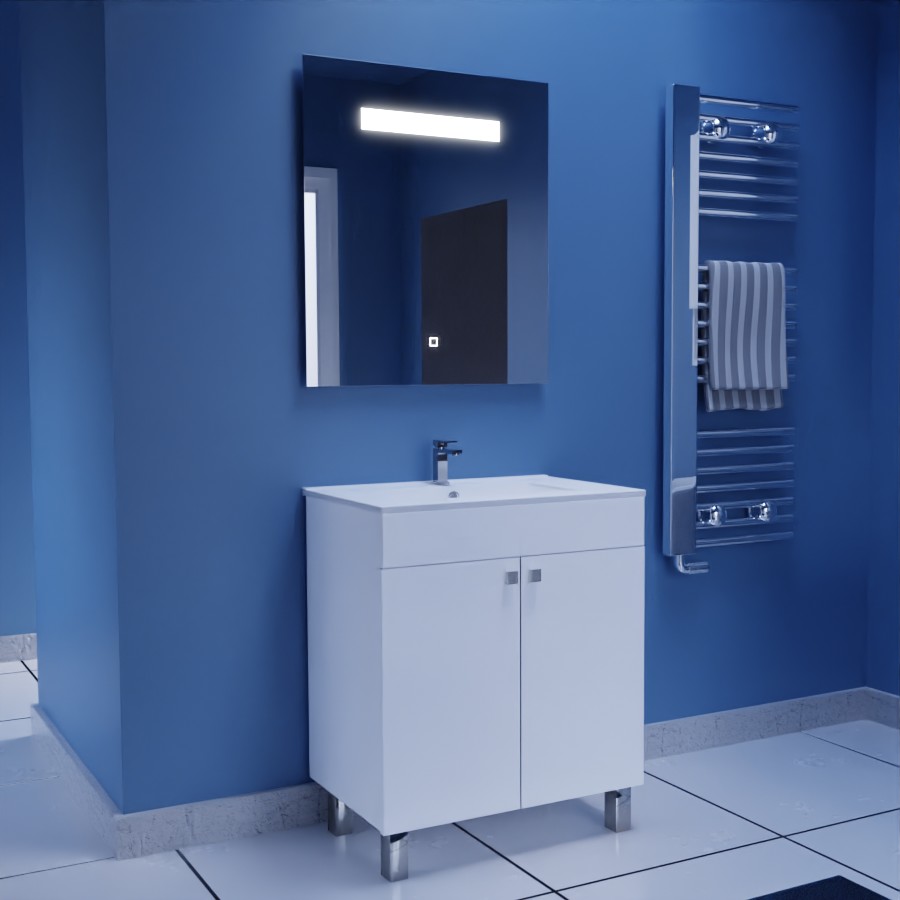 Ensemble meuble salle de bain 70 cm blanc sur pieds ECOLINE avec plan vasque en céramique et miroir LED Elégance 70 cm x 80 cm de hauteur 