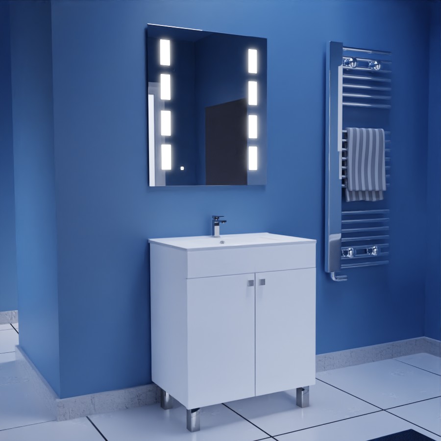 Ensemble meuble salle de bain 70 cm blanc sur pieds ECOLINE avec plan vasque en céramique et miroir LED  Prestige