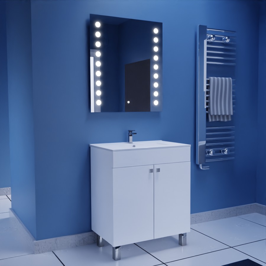 Ensemble meuble salle de bain 70 cm blanc sur pieds ECOLINE avec plan vasque en céramique et miroir LED Starled