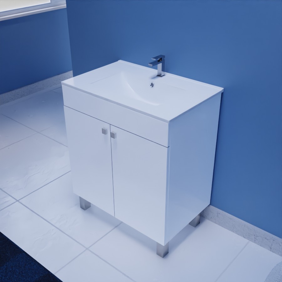 Ensemble ECOLINE meuble salle de bain blanc avec 2 portes posé sur pieds  et plan vasque en céramique 70 cm x 46 cm