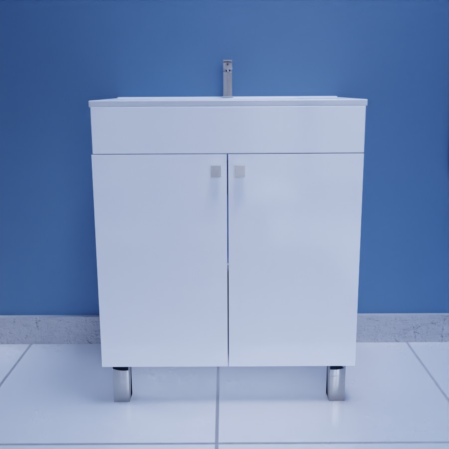 Ensemble ECOLINE meuble salle de bain blanc avec 2 portes posé sur pieds  et plan vasque en céramique 70 cm x 46 cm