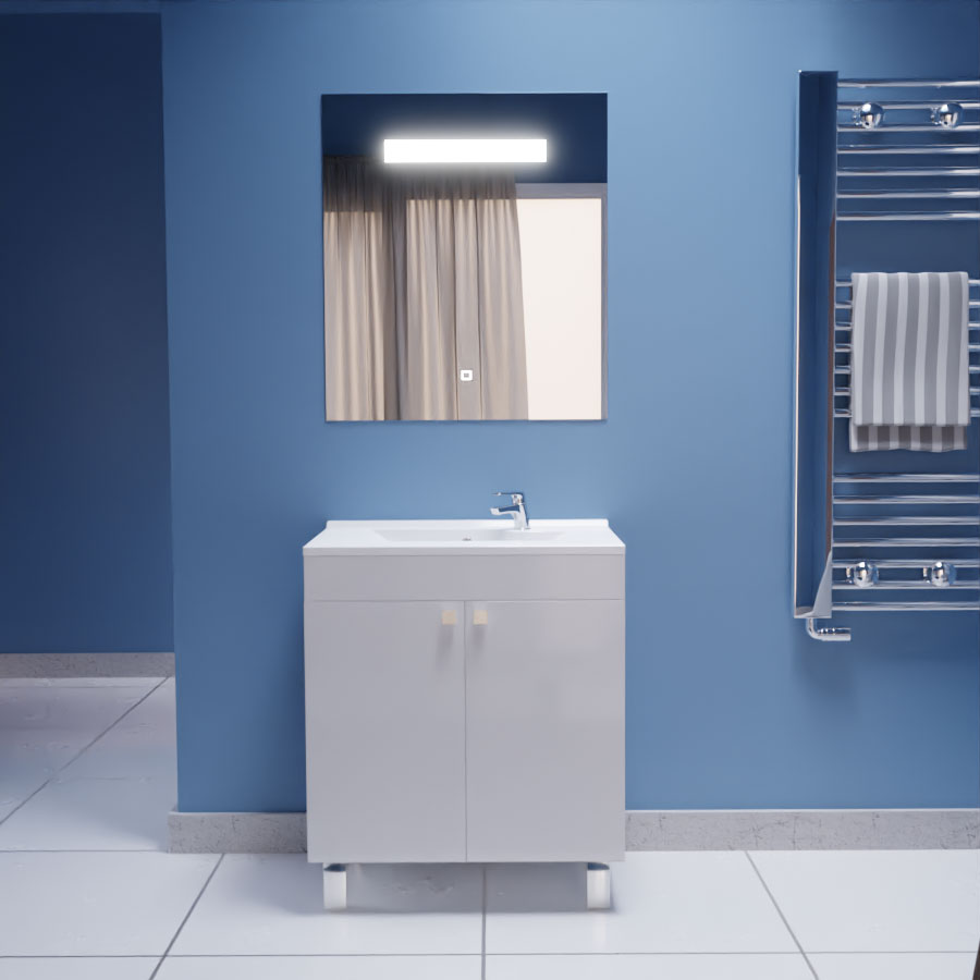 Ensemble meuble salle de bain 70 cm blanc sur pieds ECOLINE avec plan vasque en résine et miroir LED Elégance 70 cm x 80 cm de hauteur 
