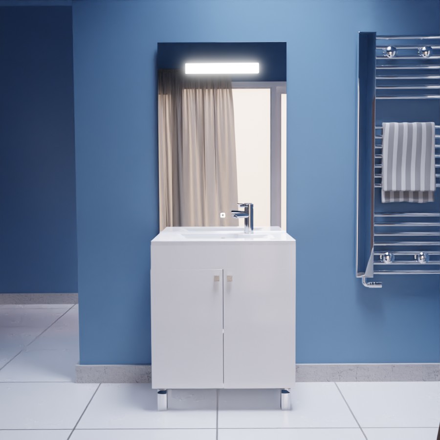 Ensemble meuble salle de bain 70 cm blanc sur pieds ECOLINE avec plan vasque en résine et miroir LED Elégance 70 cm x 105 cm de hauteur 