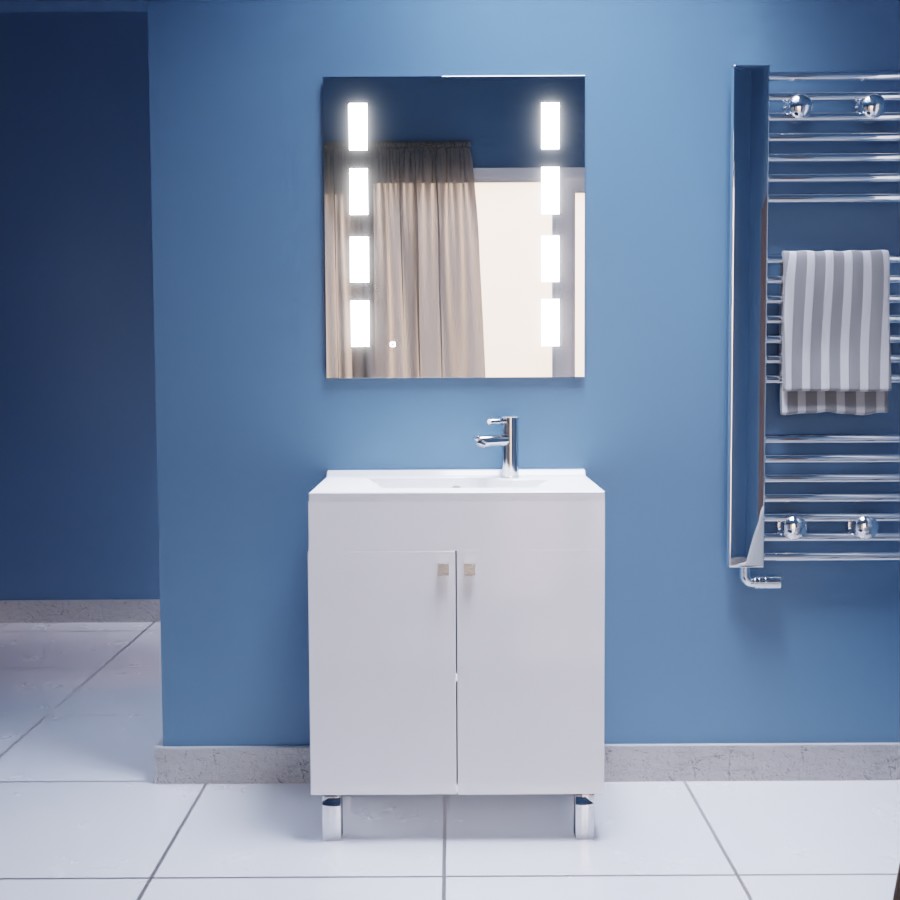 Ensemble meuble salle de bain 70 cm blanc sur pieds ECOLINE avec plan vasque en résine et  miroir LED  Prestige