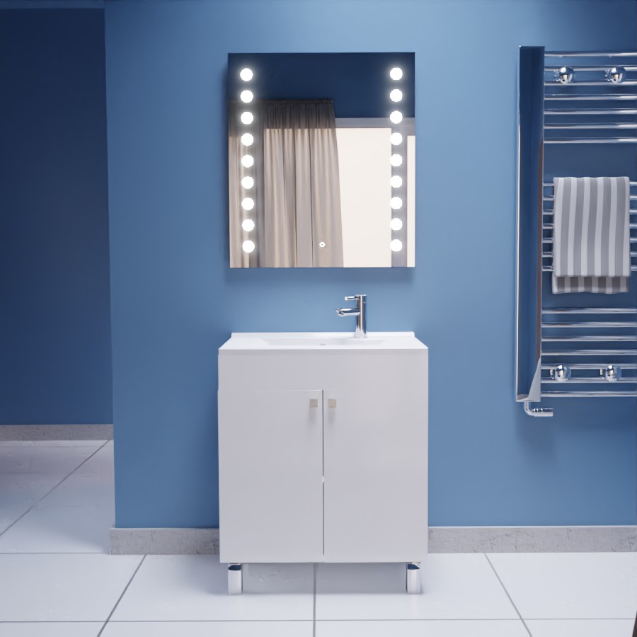 Ensemble meuble salle de bain 70 cm blanc sur pieds ECOLINE avec plan vasque en résine et miroir LED Starled
