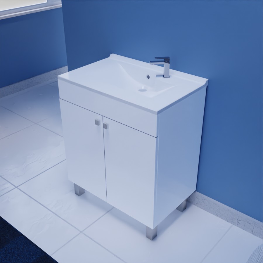Ensemble ECOLINE meuble salle de bain blanc avec 2 portes posé sur pieds  et plan vasque en résine 70 cm x 46 cm