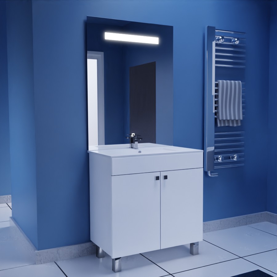Ensemble meuble salle de bain 80 cm ECOLINE blanc avec plan vasque en céramique et miroir LED élégance 105 cm de hauteur