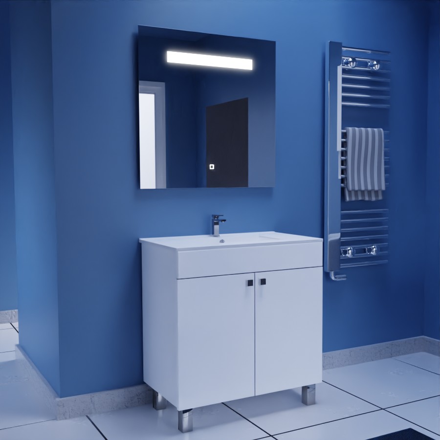Ensemble meuble salle de bain 80 cm ECOLINE blanc avec plan vasque en céramique et miroir LED élégance