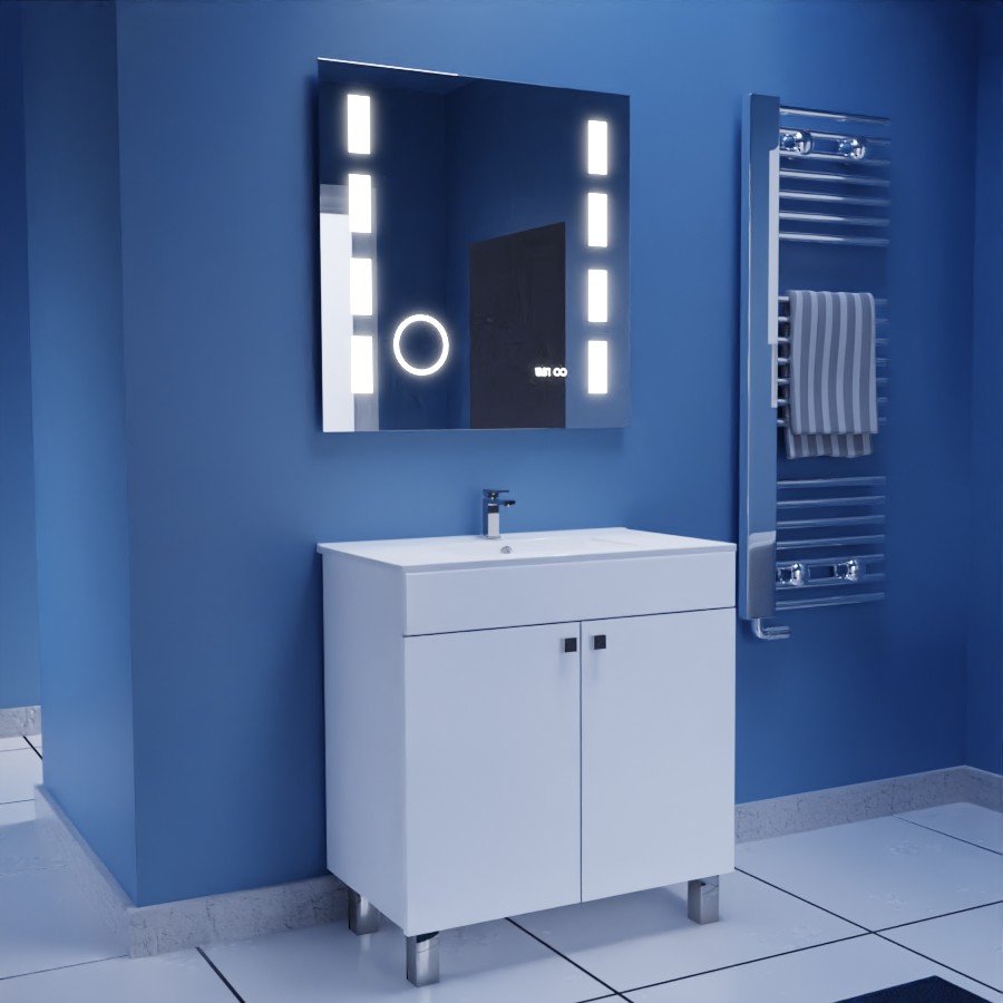 Ensemble meuble salle de bain 80 cm ECOLINE blanc avec plan vasque en céramique et miroir rétroéclaire Excellence