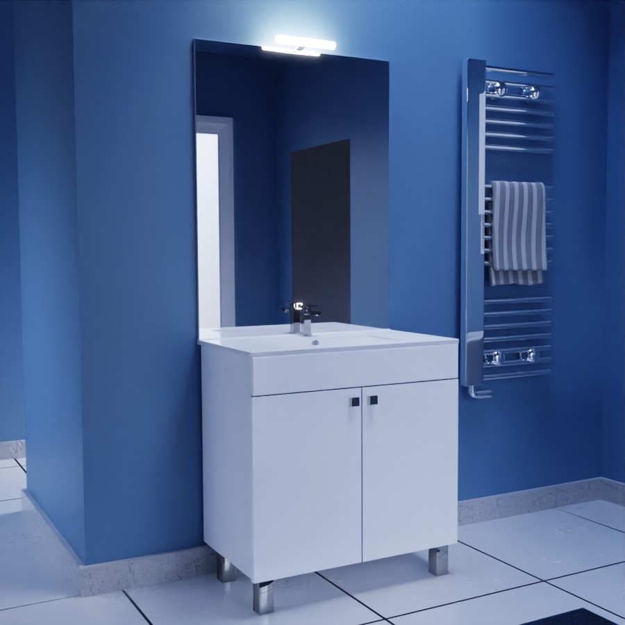 Ensemble meuble salle de bain 80 cm ECOLINE blanc avec plan vasque en céramique et miroir avec applique Mircoline