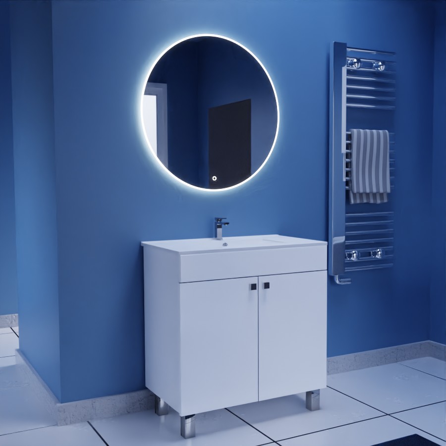 Ensemble meuble salle de bain 80 cm ECOLINE blanc avec plan vasque en céramique et miroir rond Onde 80 cm de diamètre