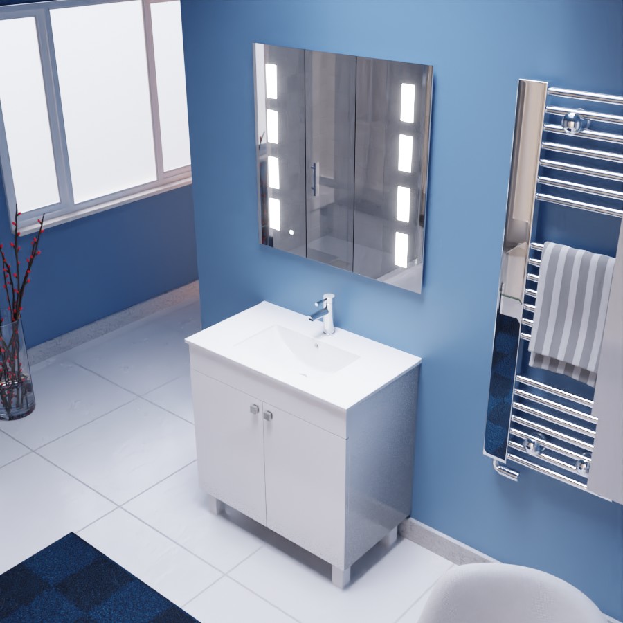 Ensemble meuble salle de bain 80 cm ECOLINE blanc avec plan vasque en céramique et miroir rétroéclaire Prestige