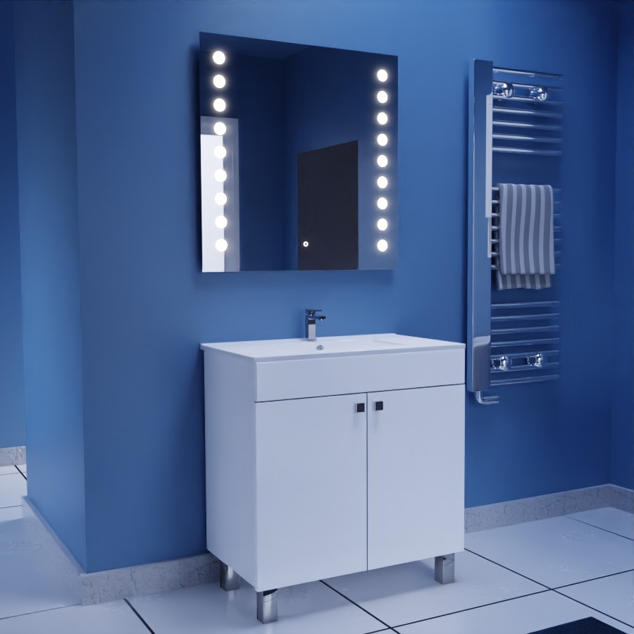 Ensemble meuble salle de bain 80 cm ECOLINE blanc avec plan vasque en céramique et miroir LED Starled