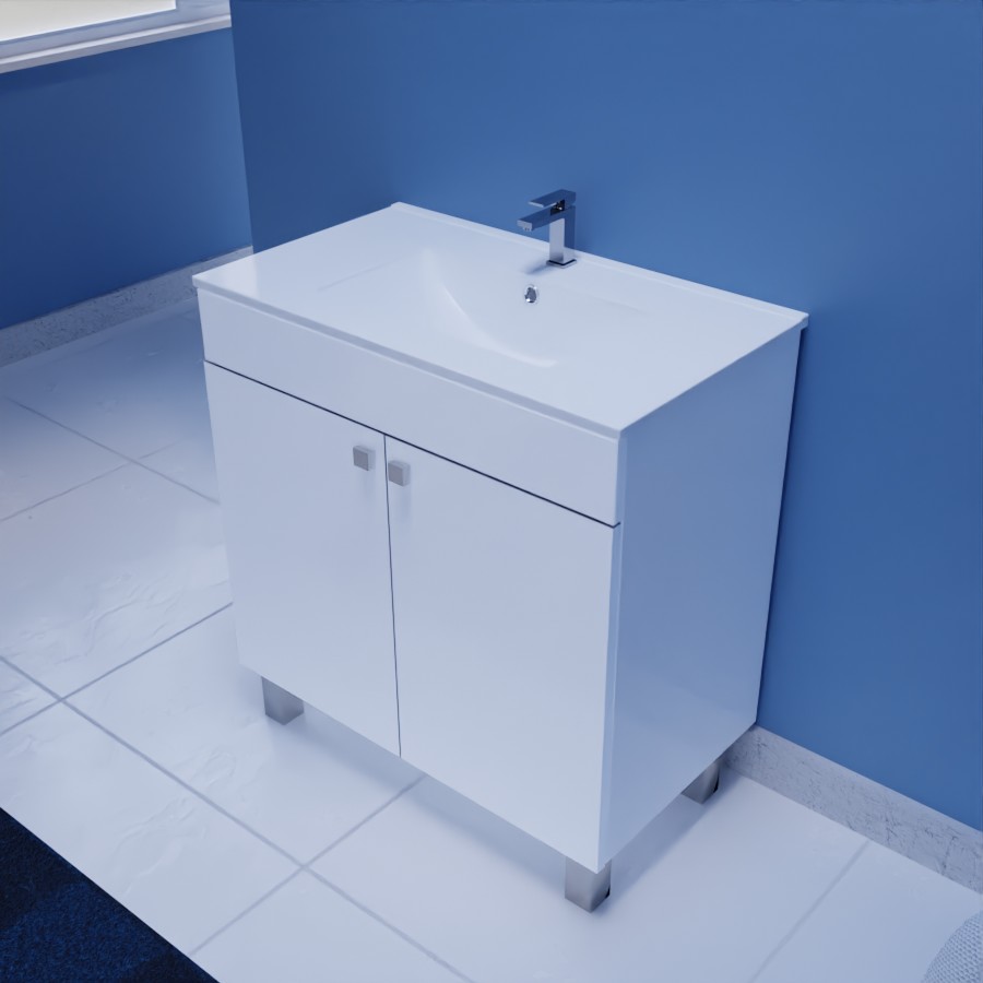 Ensemble meuble salle de bain blanc Ecoline 2 portes et plan vasque en céramique 80 cm de largeur 46 cm de profondeur