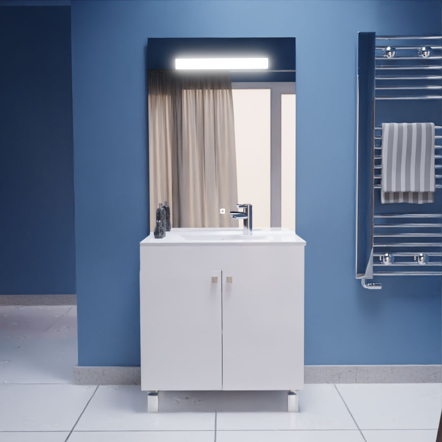 Ensemble meuble salle de bain 80 cm ECOLINE blanc avec plan vasque en résine et miroir LED élégance 105 cm de hauteur