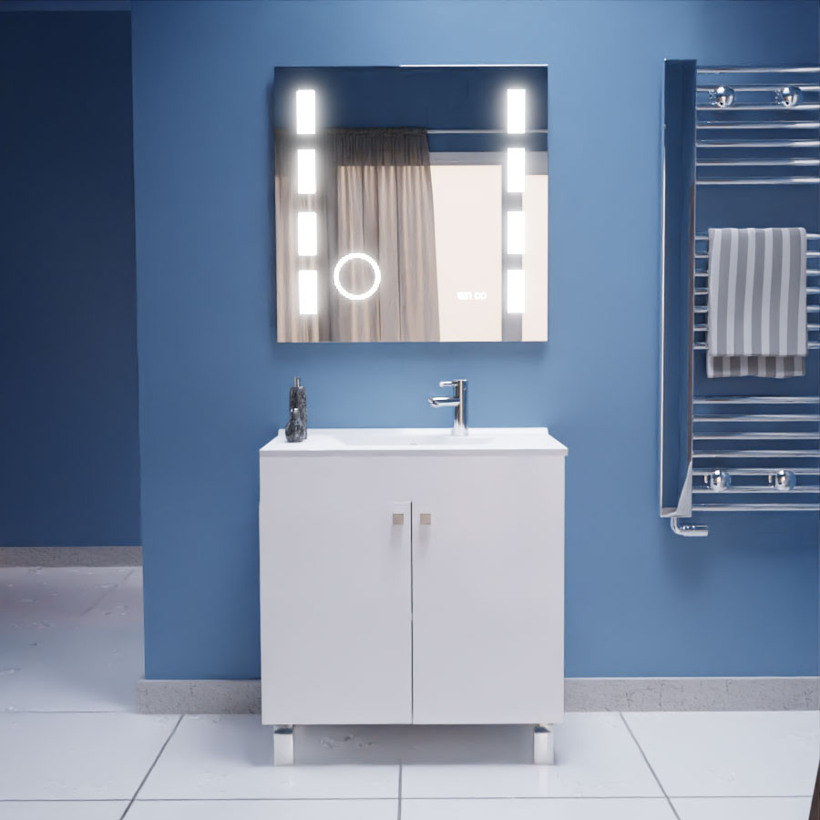 Ensemble meuble salle de bain 80 cm ECOLINE blanc avec plan vasque en résine et miroir rétroéclaire Excellence