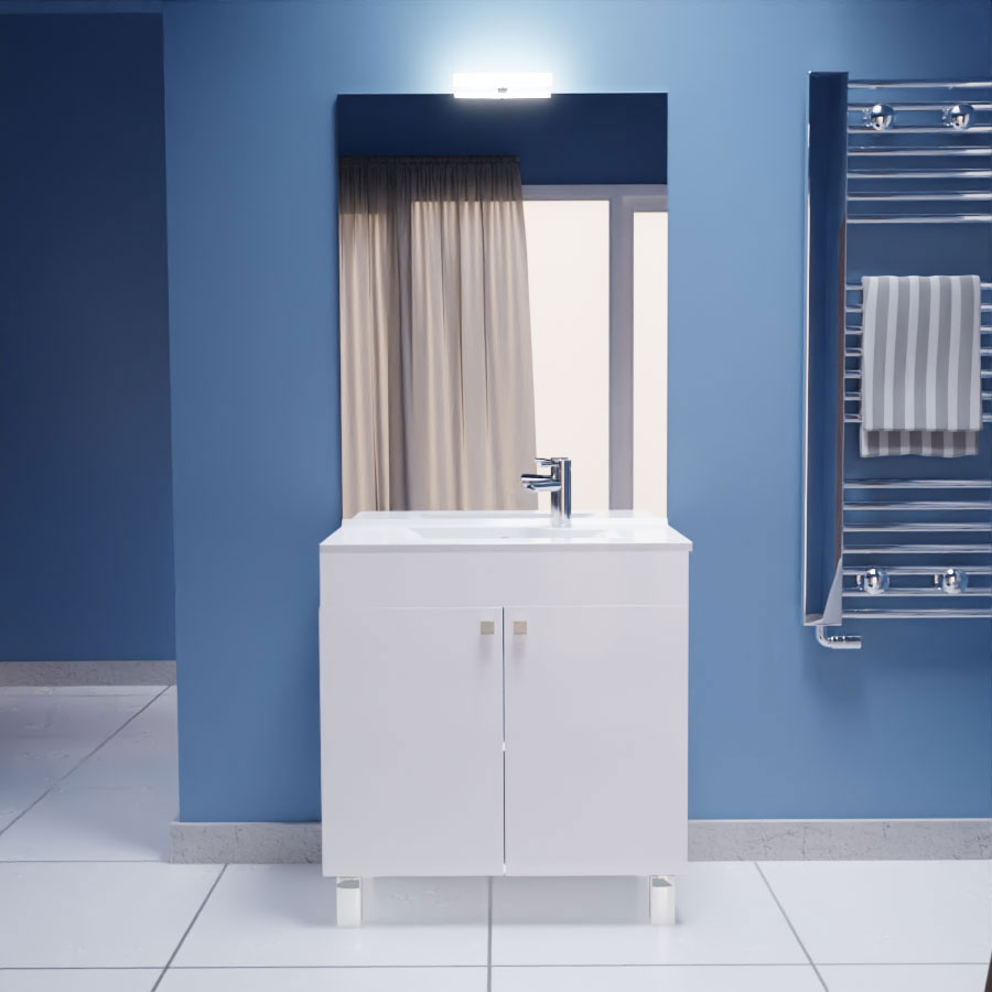 Ensemble meuble salle de bain 80 cm ECOLINE blanc avec plan vasque en résine et miroir avec applique Mircoline
