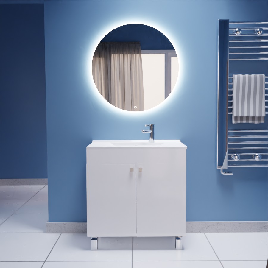 Ensemble meuble salle de bain 80 cm ECOLINE blanc avec plan vasque en résine et miroir rond Onde 80 cm de diamètre
