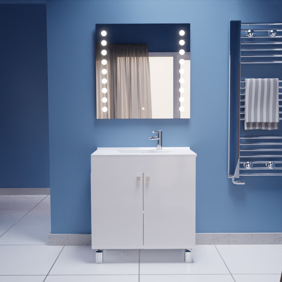 Ensemble meuble salle de bain 80 cm ECOLINE blanc avec plan vasque en résine et miroir LED Starled