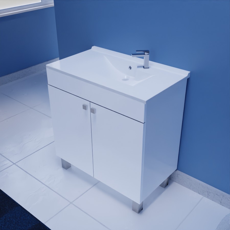Ensemble meuble salle de bain blanc Ecoline 2 portes et plan vasque en résine 80 cm de largeur 46 cm de profondeur