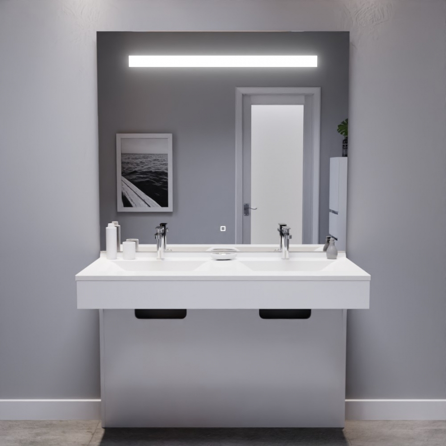 Ensemble meuble double vasque 120 cm ECOLINE PMR avec plan vasque en résine et miroir LED Elégance 120 cm x 105 cm