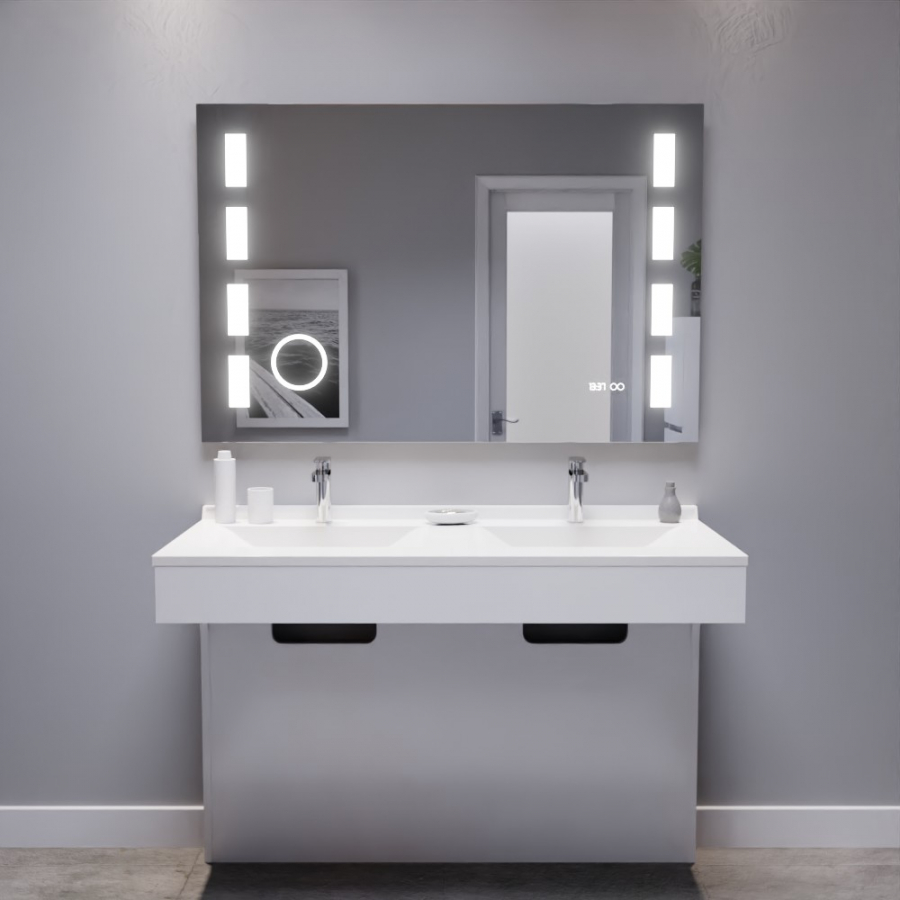 Ensemble meuble double vasque 120 cm ECOLINE PMR avec plan vasque en résine et miroir LED Excellence