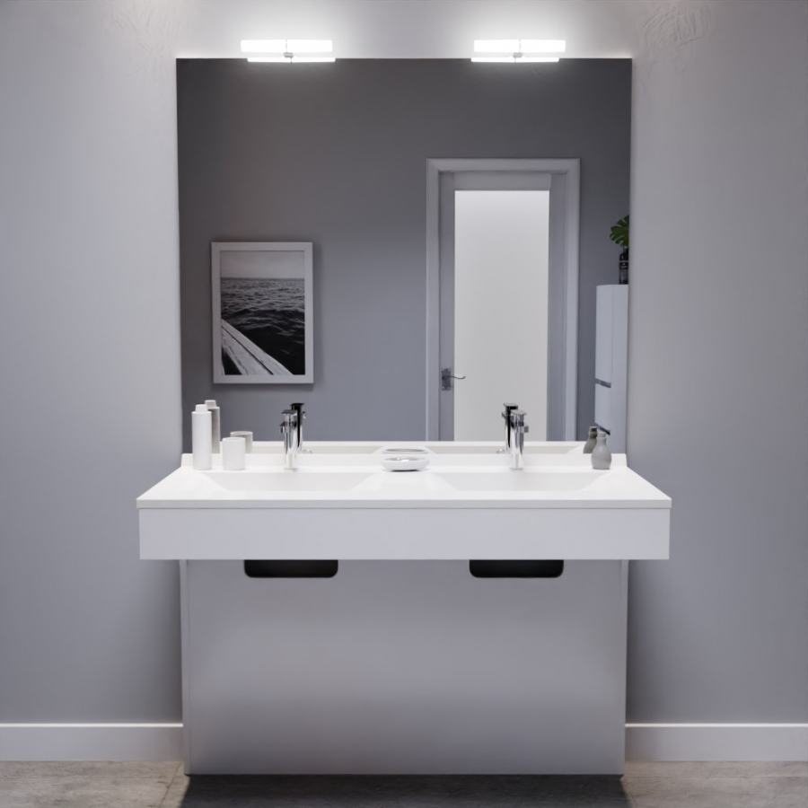 Ensemble meuble double vasque 120 cm ECOLINE PMR avec plan vasque en résine et miroir avec applique LED 